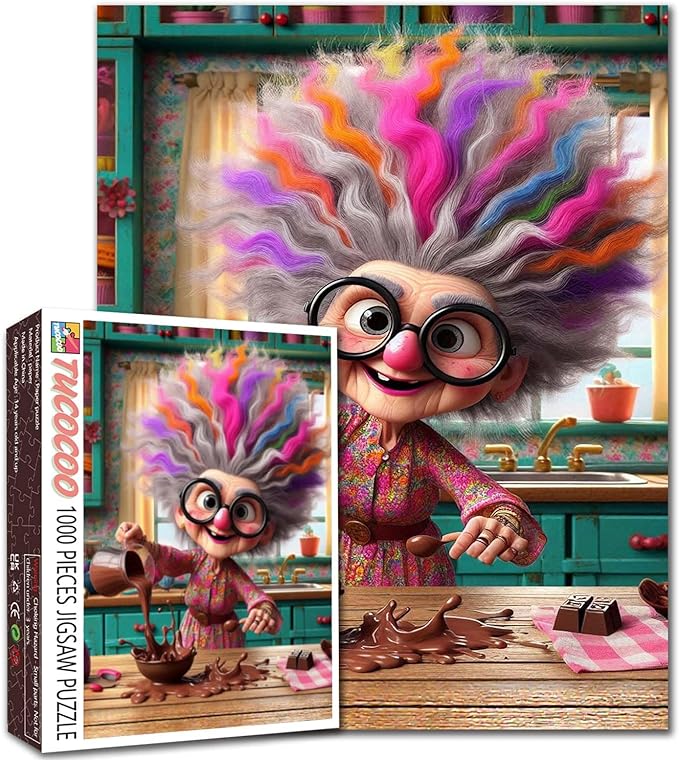 Rainbow Hair Grandma Jigsaw Puzzles for Adults 1000 Pieces Vintage Kitchen DIY Puzzles for Challenging Family Activity Games Elderly Lady Art Jigsaw Puzzles Home Wall Decor Craft Gifts 20x27 Inches