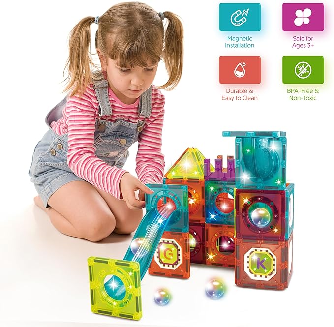 Contixo STEM Building Toys - 65 pcs Marble 3D Magnetic Run Tiles Learning Stacking Educational Building Blocks Set, Creativity Beyond Imagination, Inspirational, Recreational Toy for Kids, Ideal Gifts