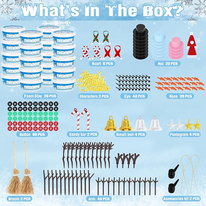 20 Pack Snowman Kit, DIY Christmas Craft for Kids, Build a Snowman Kit Indoors Decorations, Creative Air Dry Clay Modeling Crafts Kit for School Winter Party Activities, Christmas Perfect Kids