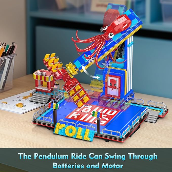 Mould King Octopus Spin Ride Building Blocks Set, Creative Amusement Park Model Kit That Run, City Building Engineering Toy with Motor, Collectible Gift for Teens, Adults(1668 Pcs)