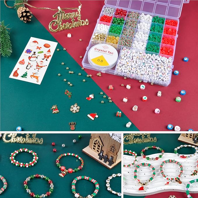 SJZWSD Christmas Friendship Bracelet Kit, 6200 Pcs Clay Beads for Bracelet Making, Christmas Beads for Jewelry and Craft Making with Storage Box