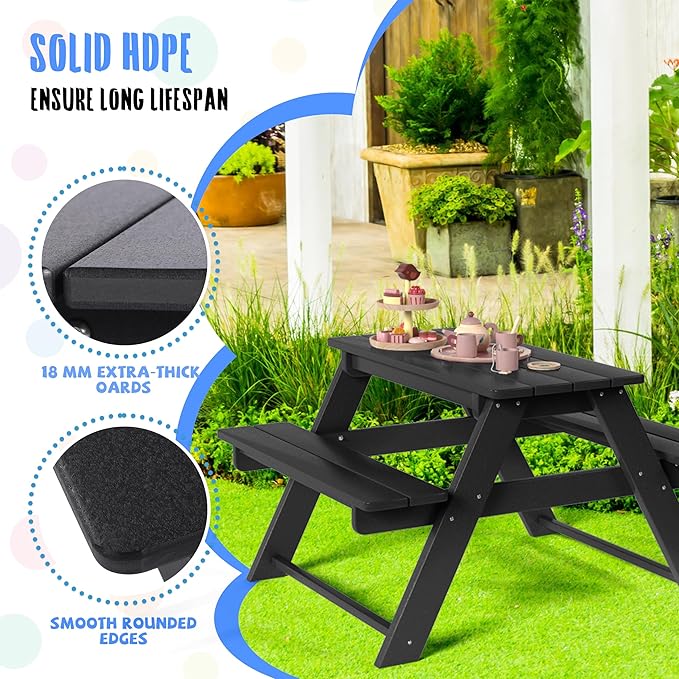 Costaelm Kids Picnic Table, HDPE All Weather Outdoor Toddler Picnic Table and Chair Set Kids Bench for Patio, Backyard, Garden, Lawn, Black