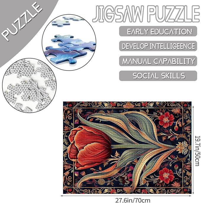 Red Tulip Flower Jigsaw Puzzle 1000 Pieces Puzzles for Adults,Symbol of Purity Jigsaw Puzzles for Challenging Family Activity Games Colorful Celtic Background Puzzle for Home Decor Gifts