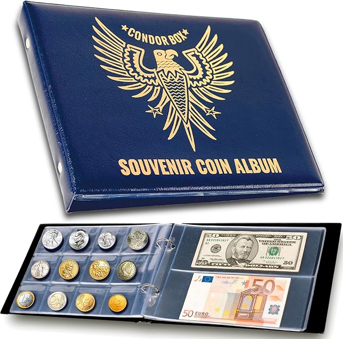 3in1 Coin Collection Holder Classic Album 190 Pockets - Paper Money Collector - Large Storage Book Organizer Display for Gold Silver Dollars Dollar Bill Currency Quarters Penny Foreign Coins (Blue)