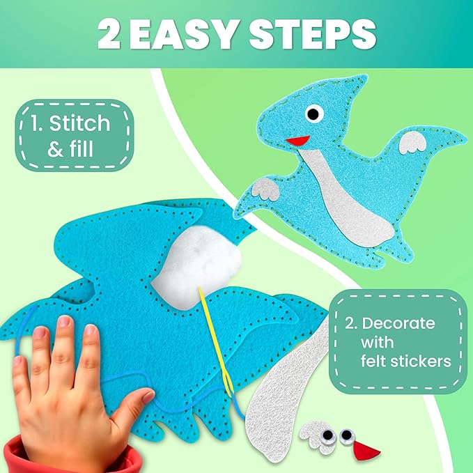 QUOKKA Kids Crafts Ages 7-9, DIY Beginner Needle and Thread Kit - 12 Wild Dino Sewing Kit Basic - Fun Arts Crafts for Kids Ages 7-9 Girls Boys - Plastic Needles, Scissors - 7+ Year Old Girl Gifts