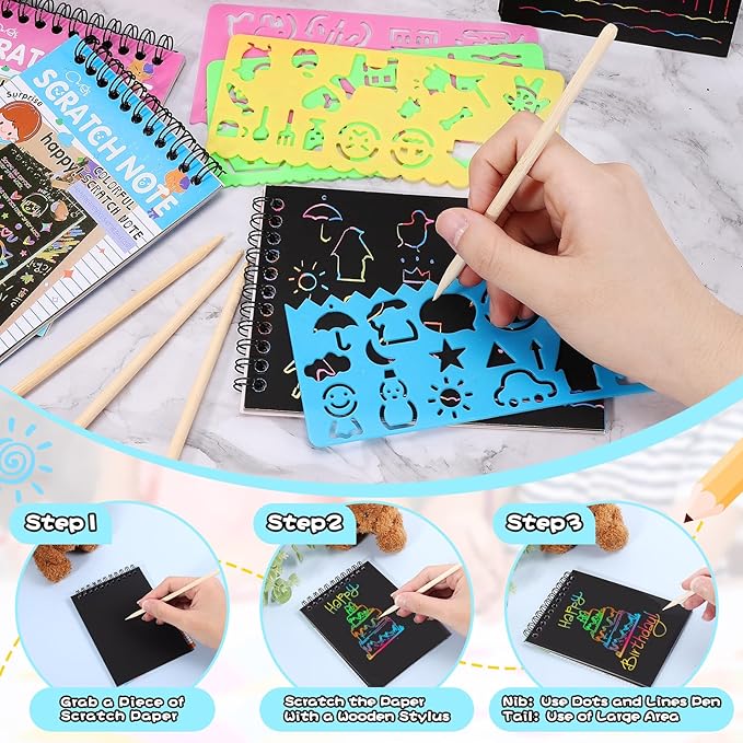 24 Pack Rainbow Scratch Notebook,Scratch Paper Art for Kids,Scratch Note Pads,Scratch Paper Rainbow Party Favors with 24 Wooden Stylus & 4 Drawing Stencil for Girls Boys Art Party Supplies