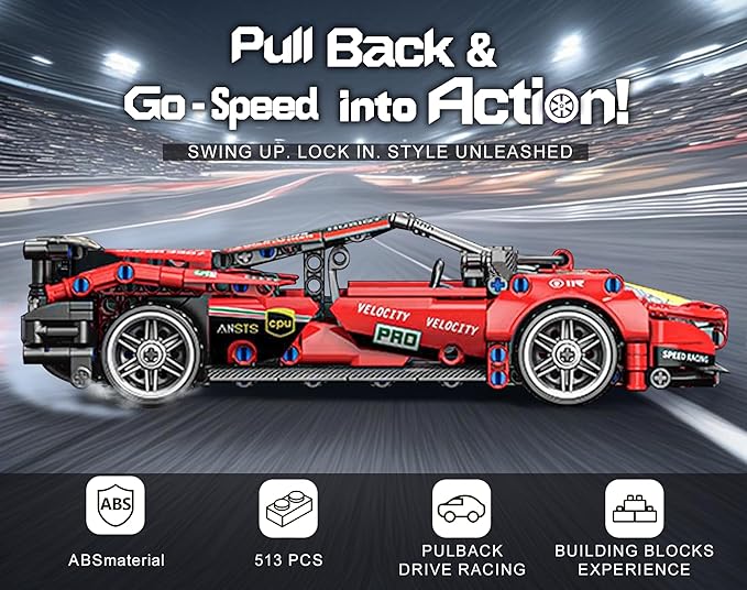 Sosuy Building-Block Race-Car Set, 1:18 Technical Model Kit 513 Pcs DIY Red Pull-Back Toy for Boy Girl Kid Age 6+ Year, Birthday Gift for Teen Adult Display, Speed Super Sports Cars Bricks Icons