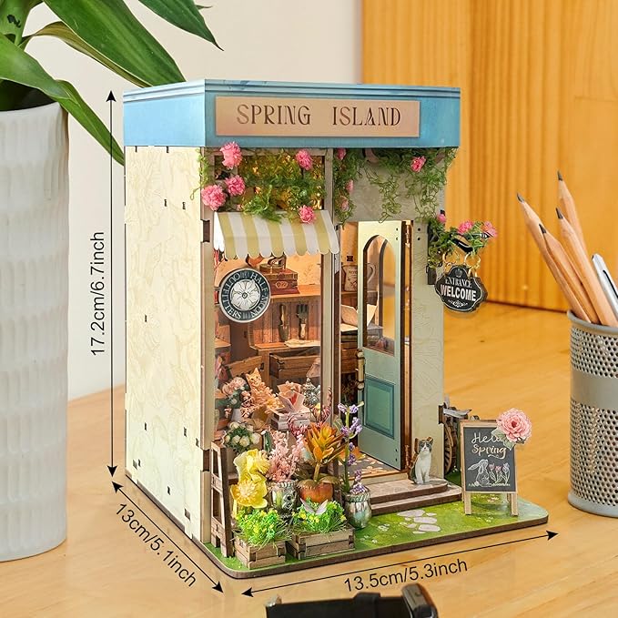 DIY Book Nook Kit, Miniature Bookshelf Decor with LED Lights, Laser-Cut Wooden Craft Set for Adults, Creative Gift for Christmas, Birthday, Spring Island