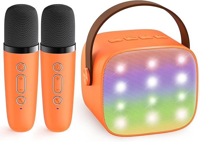 Mini Karaoke Machine for Kids Adults, Portable Bluetooth Speaker with 2 Wireless Microphones, Birthday Gifts Toys for Girls Boys Ages 3, 4, 5, 6, 7, 8, 9,10,11,12+ Years Old Toddler (Orange)