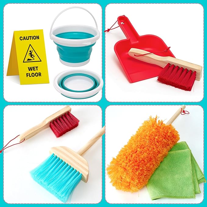 Lonico Wooden Kids Cleaning Toy Set Pretend Play Toys, 12 Pcs Toddlers Cleaning Mop Broom and Dustpan Set with Organizing Stand/Bucket/Duster/Brushes, Toddler Toys Gift for Boys Girls Aged 3 4 5 6