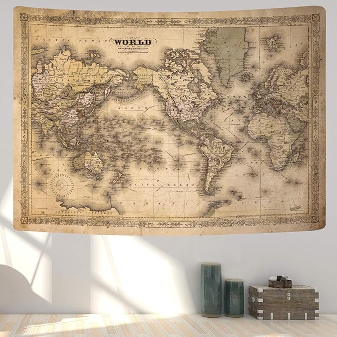 GOAOK Retro Vintage Map World Map Tapestry, 90"x70", Polyester, Wall Mount, Bedroom & Office