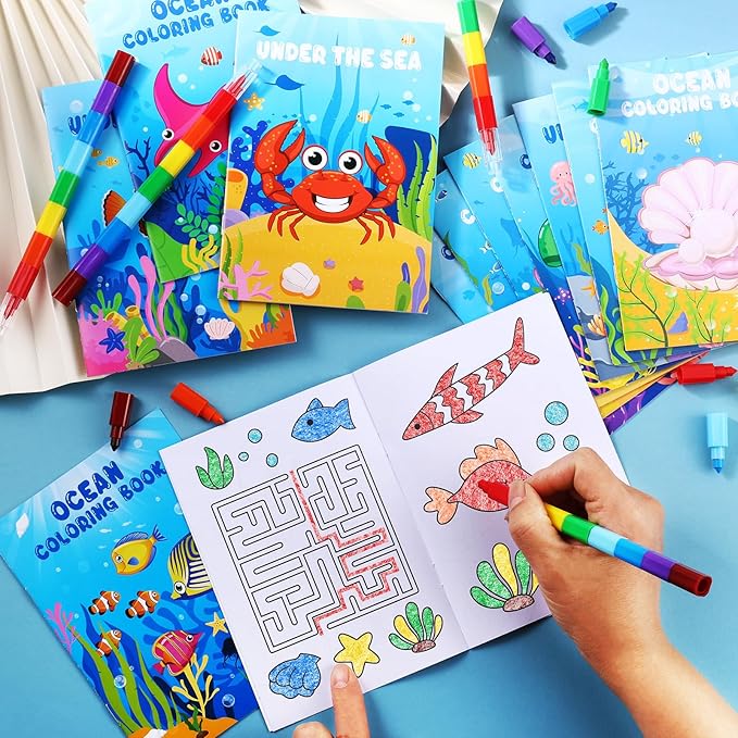 BenLouis 12 Under the Sea Mini Coloring Books Kids with 12 Stacking Crayons Ocean Animals Party Favors Small Activity Books Bulk for Kids Fish Birthday Party Gift Goodie Bag Stuffers