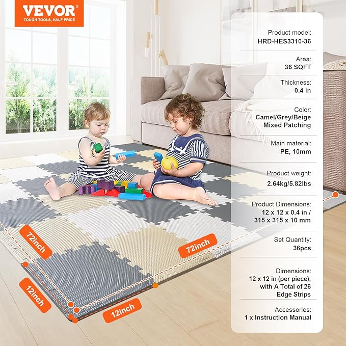 VEVOR 36 Tiles Kids Play Mat, 0.4 Inch Toddler Play Mat with EVA Foam, 12" x 12" Puzzle Play Mat with 36 sq.ft Coverage, Interlocking Toddler Mats for Play Room, Nursery, Living Room, Camel&Gray&Beige