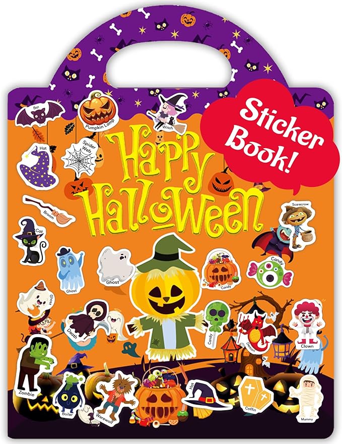 Halloween Sticker Books for Kids, Reusable Sticker Books for Toddlers 1-3, 2-4, Halloween Travel Toys Acticities Crafts Birthday Gifts for Boys Girls Kids