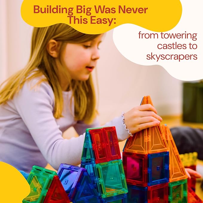 PLAYVIBE Magnetic Tiles - 60 Piece Set, Multicolor - Hands-On STEM Play & Stem Toys - Strong Magnets & Magnetic Tile Blocks - Sensory Toys & Car Creations