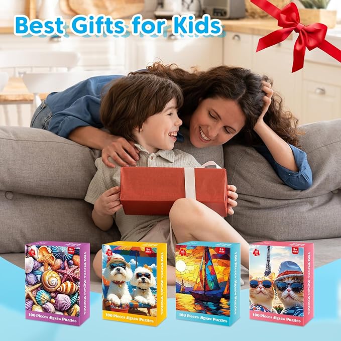 4-Pack 100 Piece Puzzles for Kids Ages 4-6 6-8 8-10, Shells Sailboat Cats & Dogs Jigsaw Puzzles, Fun & Engaging Kids Puzzle, for Boys and Girls Puzzle Toys as Home Decor