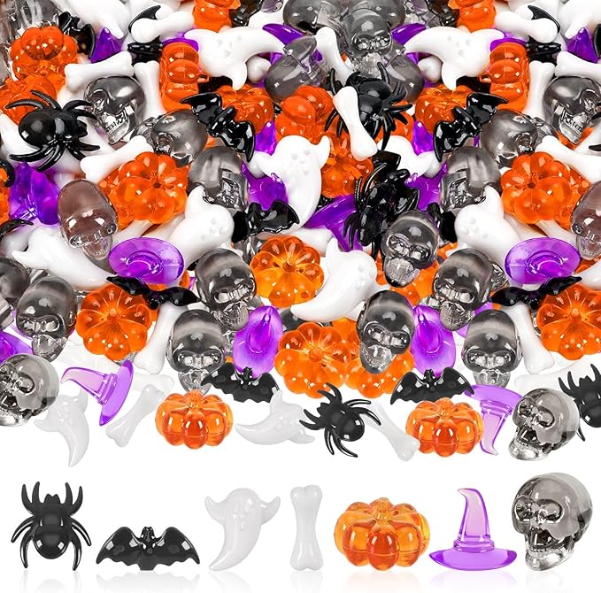 Halloween Acrylic Vase Filler, 240pcs Acrylic Pumpkin Ghost Bat Skull Head Witch Hats Gems Sensory Bin Table Scatter Vase Filler for Autumn DIY Crafts Home Centerpieces Table Decorations