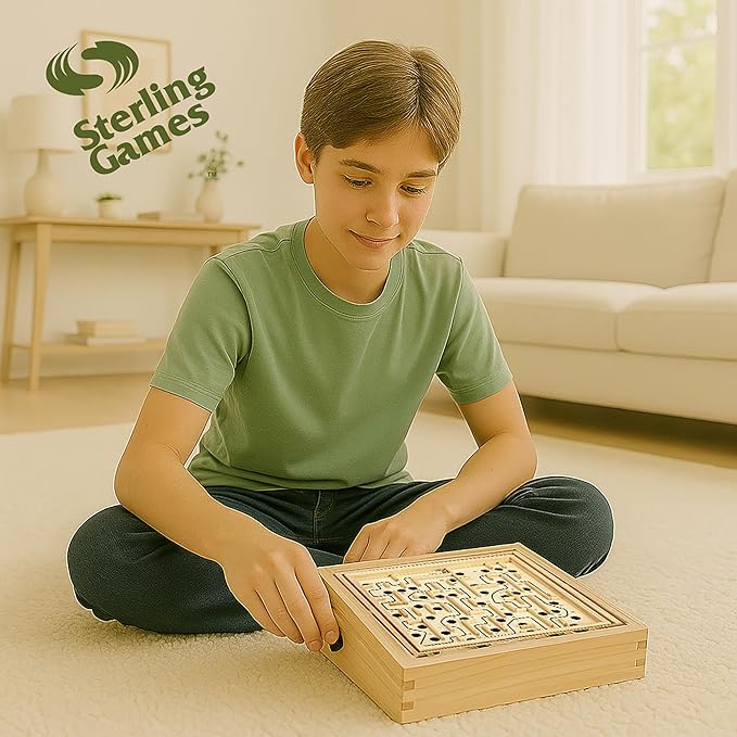 STERLING Wooden Labyrinth Marble Maze Game, Large 12.75" x 11.5" Tilt Maze Game Board with 60 Waypoints and Marble Balls Included, for Kids and Adults 6 Years and Up