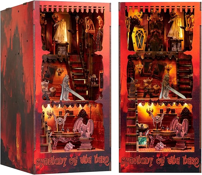 DIY Miniature Dollhouse Booknook Kit, 3D Wooden Puzzle Bookend, Tiny House Library Bookshelf Insert Decor with LED Light, Gift for Adults, Teens, Beginners, and Family(Symphony of The Hero)