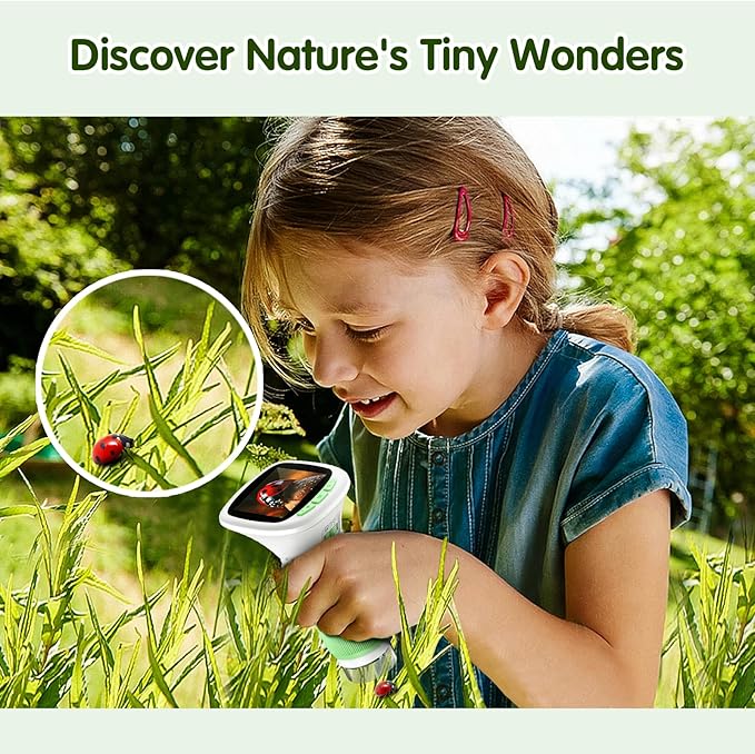 Microscope for Kids, EDCREATY 200X-1000X Portable Pocket Handheld Microscope, 2.4 High-Definition Screen, 200W Pixels for Birthday Christmas Holiday Toys Gifts for 5 6 7 8 9 10 11 12 Kids(White+Green)