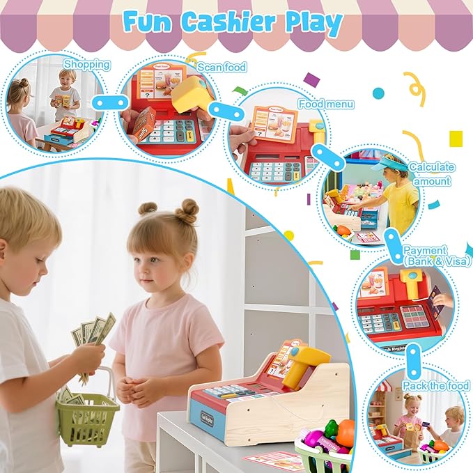 2025 Wooden Toy Cash Register for Kids,Rechargeable Counting Wood Cash Register Toys, Kids Cash Register with Scanner Realistic for Boy Girl Age 2-4 4-8, Pretend Toy Role-Playing Birthday Ideals Gift