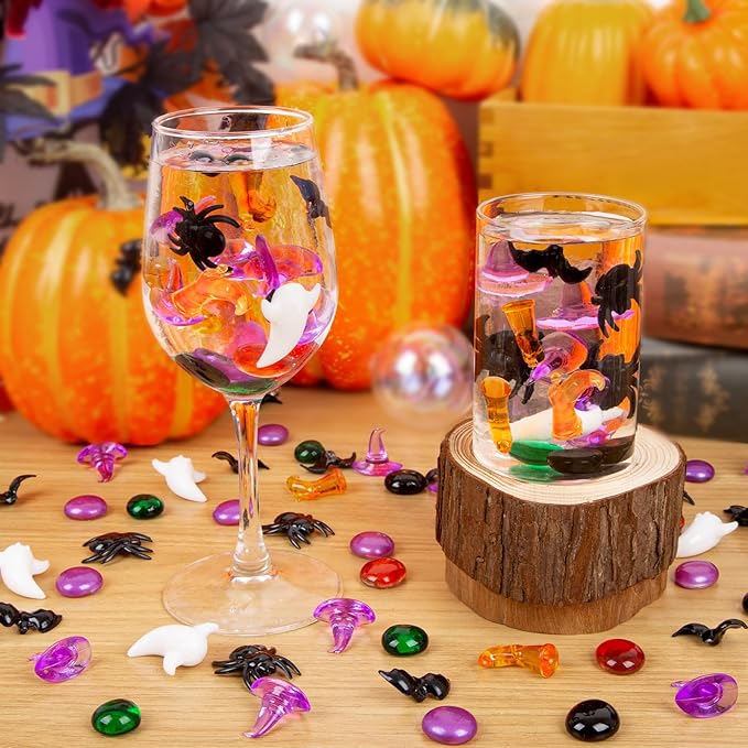 100+ Halloween Sensory Bin Filler & Vase Filler Acrylic Gems Mini Resin Animals Spider Bat & Ghost Witch Hat Boots, for Halloween Decoration, Vase Filler, Sensory Bin Filler Preschool Counting Gems