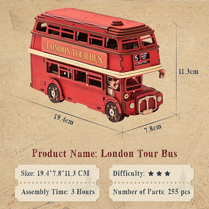 ROBOTIME 3D Puzzles for Adults Wooden Puzzle London Tour Bus DIY Model Kit to Build Educational Brain Teaser Toy for Craft Decor Gift