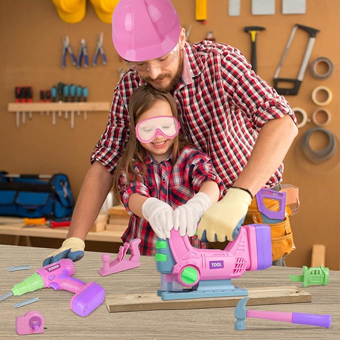Kids Tool Set for Girls - Toddler Tool Set with Toy Chainsaw, Electric Toy Drill, Pretend Play Construction Tools Toy Gifts for Kids Aged 3 4 5 6 7