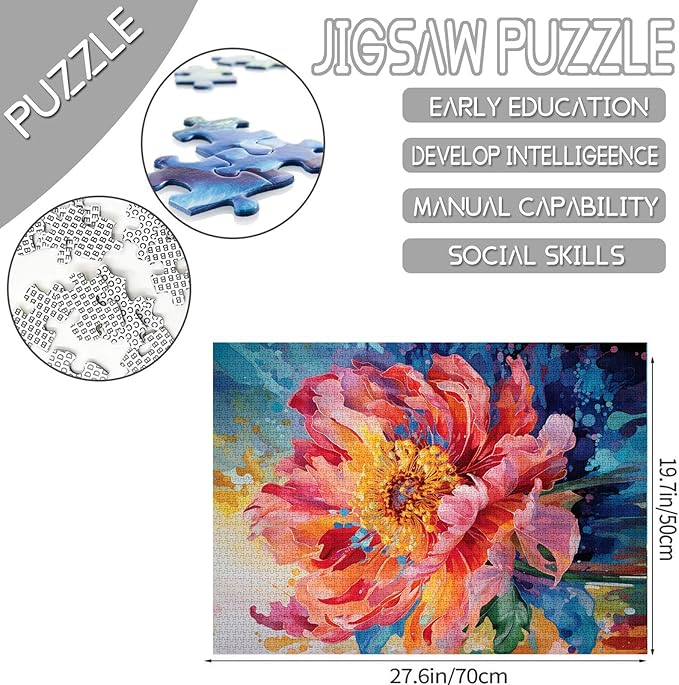 Sacred Peony Jigsaw Puzzles for Adults 1000 Pieces Beautiful Blossom Floral Jigsaw Puzzle 20 x 27 Inch Colorful Watercolor Pink Petal Puzzles for Home Decoration Family Puzzle Perfect for Game Nights
