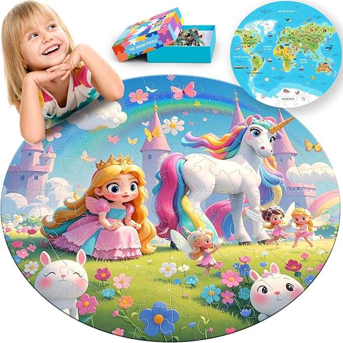 ELX 70 Piece Floor Puzzle for Kids Ages 4-8,Unicorn Princess & World Map Jigsaw Puzzles,Double-Sided Round Large Puzzles for Toddlers,Educational Toys for Boys & Girls (22.5 Inch)