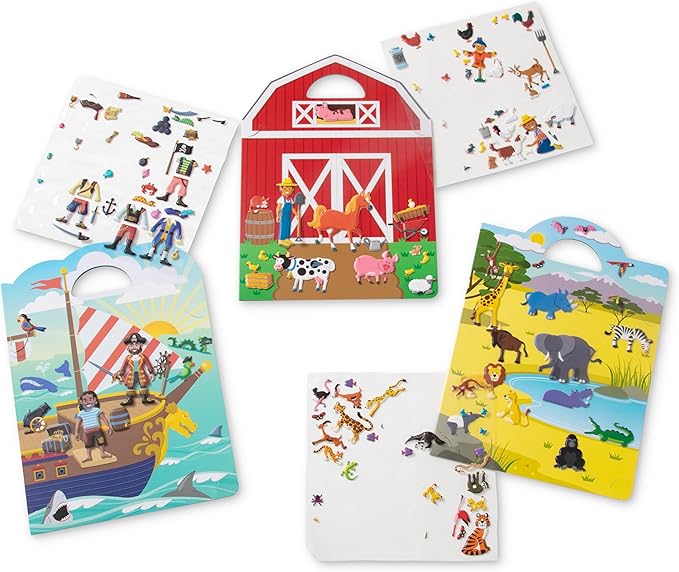 Melissa & Doug Puffy Sticker Activity Books Set of 3 – Safari, Pirate &On The Farm, with Reusable Stickers and Fold-Out Scenes, Mess Free Play Set & Travel Toys for Kids Ages 4+