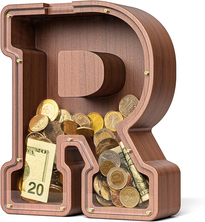Summidate Wooden Letter Piggy Bank, Extra Thick Large Capacity Piggy Bank for Kids Boys Girls Toddler, Alphabet R Money Bank| Coin Box Birthday, Christmas, Festival