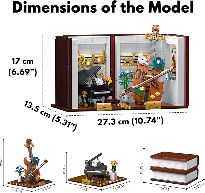 3 in 1 Music Themed Bookend Building Block Toy Set with LED Bricks, Creative Piano and Violin Building Bookstand Model, Home Décor Gift Ideas for Children and Adults (1520 pcs)