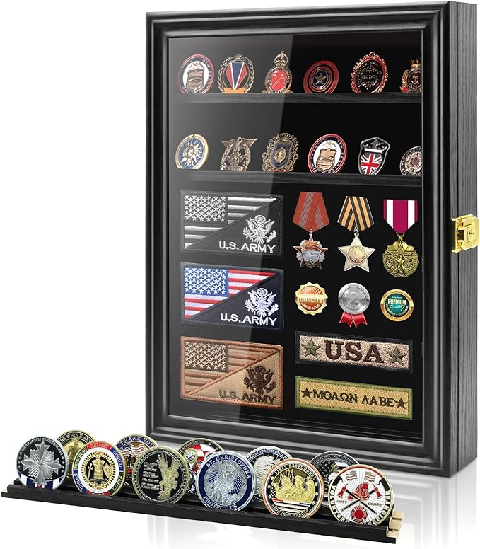 PiaoHao Medals Display Case Wall Frame for Collector, Military Challenge Coins Holder, Pins, Lockable Shadow Box with Removable Shelves, Black