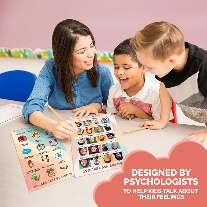 2 Laminated Feelings Posters for Kids - English & Spanish - Calm Down Corner Supplies - Therapy & School Counselor Supplies - Emotions Posters for Home and Calming Corner Classroom