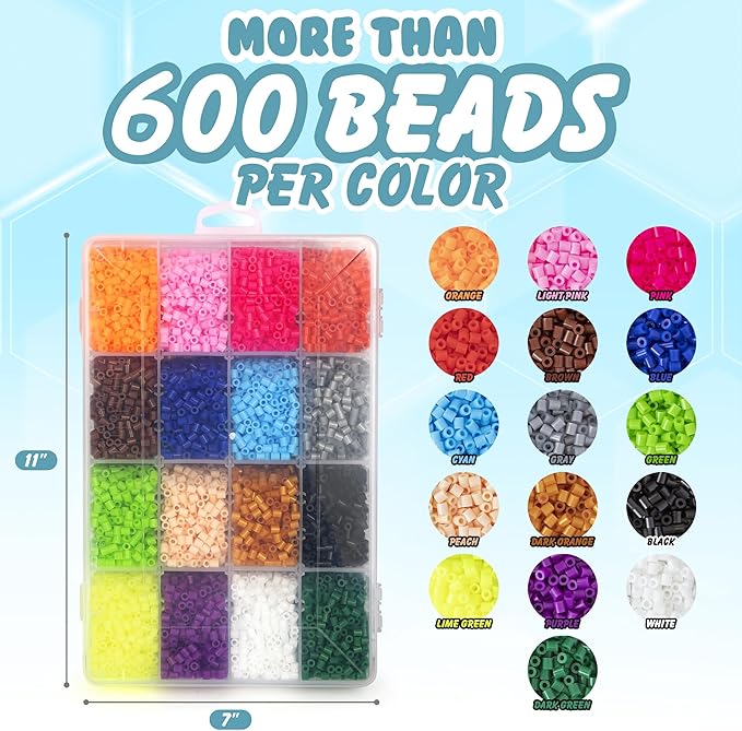 Darice Fuse Beads Kit - 10,000 pcs, 5mm Iron Bead 16 Colors with Storage Case, Non-Toxic Art and Craft Melty Beads for Kids in 16 Colors for DIY Projects & Perler Art, Ages 6+