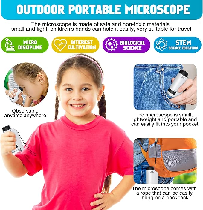 Portable Microscope for Kids Zoom 60x-180x,Handheld Mini Microscope STEM & Science Toys,LED Pocket Little Scientist Microscopes with 12pcs Slides,Gifts for 6,7,8,9,10+ Girls Boys（Blue&White）