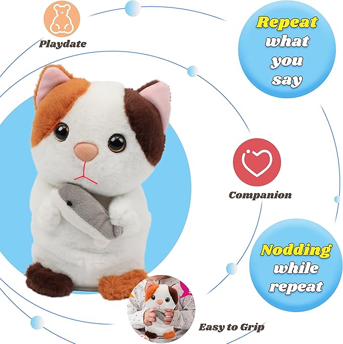 Hopearl Talking Kitty Repeats What You Say Cat with Fish Nodding Electric Interactive Animated Toy Speaking Plush Buddy Gifts for Toddlers, 7''