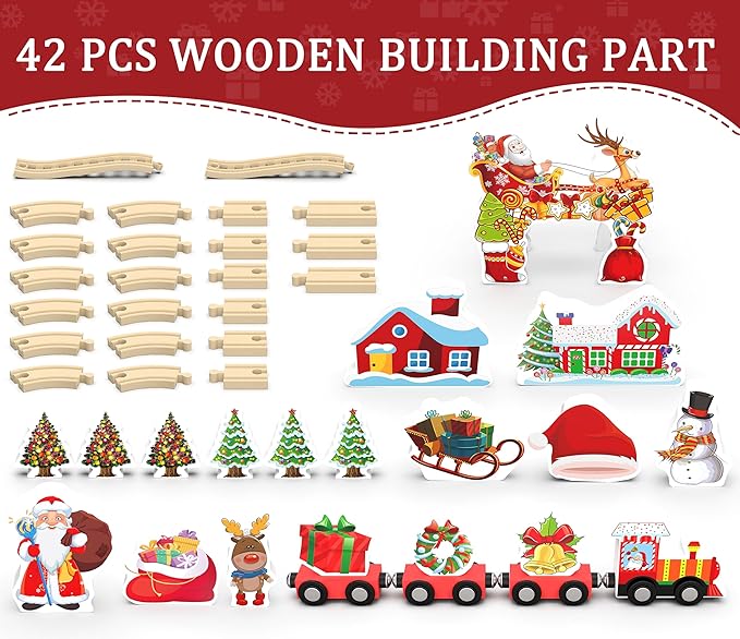 Wooden Railway Set for Kids, 42-Piece Wooden Train Track for Toddlers, Christmas Train Toys for 3 4 5 6 Years Old Compatible with Thomas, Brio
