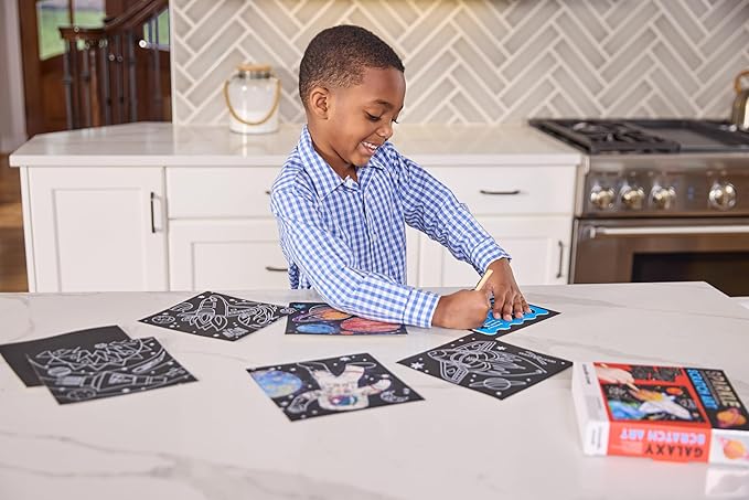 Crocodile Creek Space Sparkle Scratch Art for Kids - 16-Sheet Scratch Art Set with 10 Themed Sheets, 5 Blank Sheets, Stencil, and Stylus - Thoughtful Stocking Stuffers, Gifts, Art Supplies for Kids