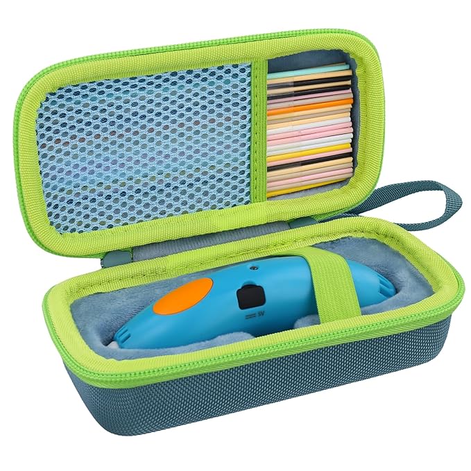 co2CREA Hard Case for 3Doodler Start+ Essentials (2024) 3D Pen Set - Storage Organizer with Custom Slots for Art Activity Set, Printing Filament Refill and USB Charger, Light Blue Case + Green Zipper