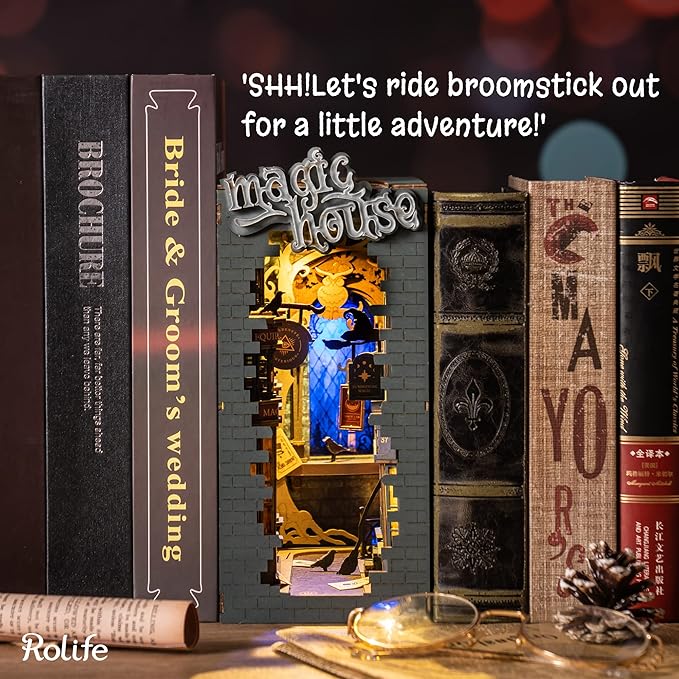 Rolife LED Book Nook Kit-Decorative Bookend Stand-3D Wooden Puzzle for Adults-Bookshelf Insert Booknook-Room Decor for Teen Girls Boys Women Men