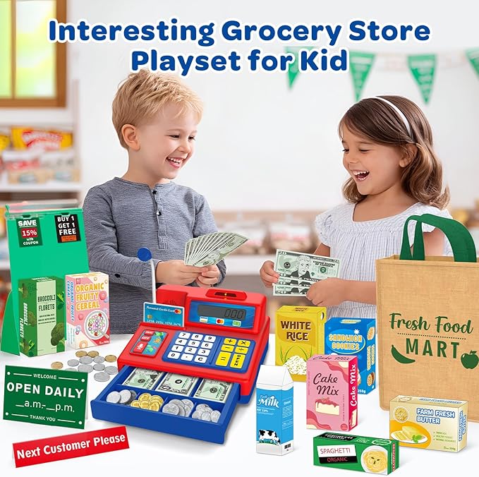 Calculator Cash Register Toy Gift for Kids Age 3, 4, 5, 6, 7, 8+ Year Old, 120 Pcs Grocery Store Playset with Microphone, Grocery Boxes, Credit Card, Red Play Cash Register for Toddlers Kids 4-8