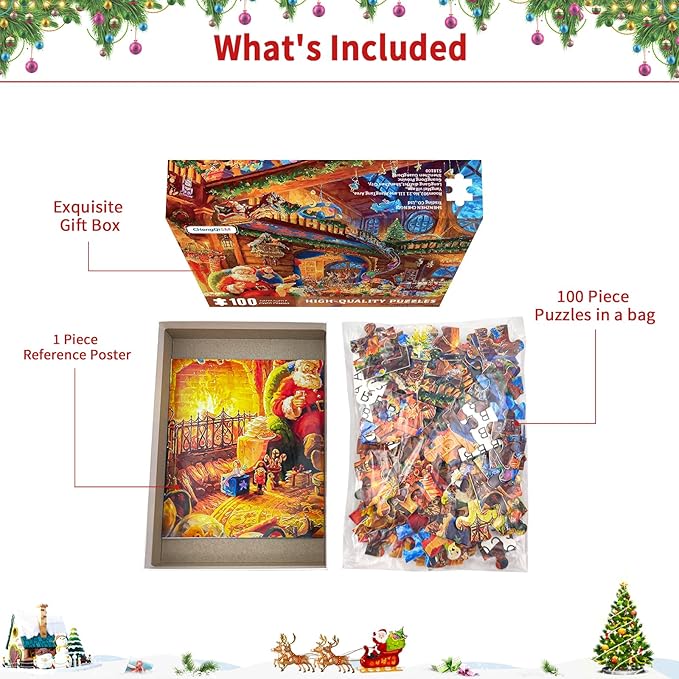 Christmas Puzzle 100 Piece Puzzles for Kids, 100 Piece Puzzle Santa Claus Puzzle 100 Pieces Puzzles for Adults Christmas Puzzle Santa's House for Kids Ages 6-10 Brain Teaser