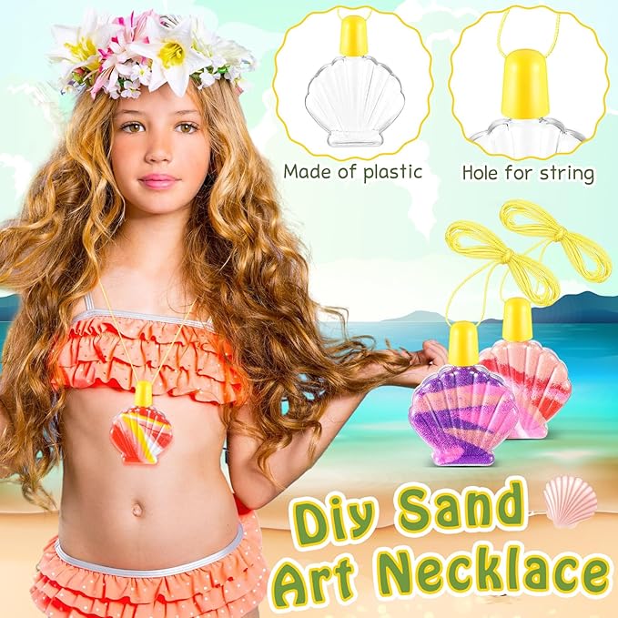 Relaxgiant 37 Pcs Shell Shaped Sand Art Bottle Necklace Kits Include Plastic Sand Art Bottles Necklace, 12 Colored Art Sand, Mini Plastic Funnels for DIY Art Class Crafts Supplies