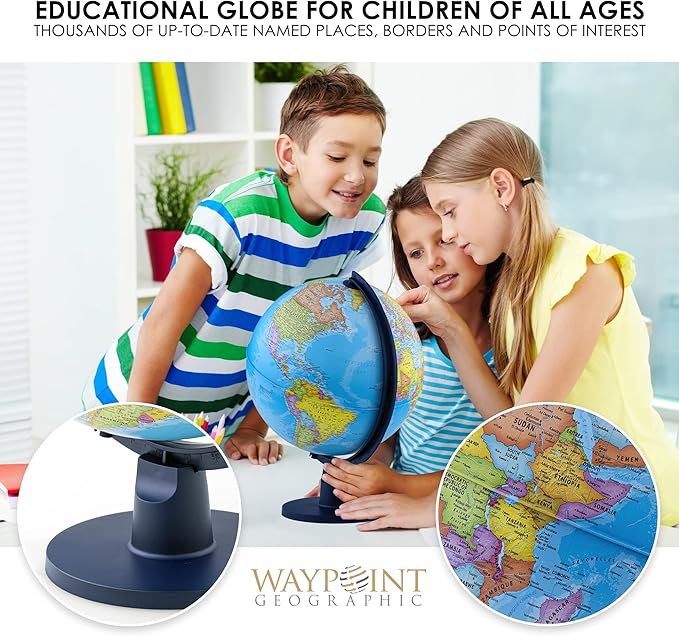 Waypoint Geographic Scout Illuminated Decorative Classroom Globe with Stand, Interactive World Globe with Political Mapping, Blue