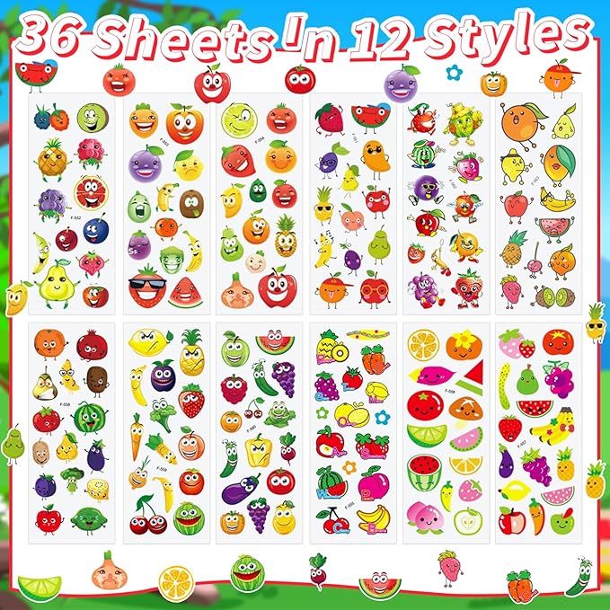 36 Sheets 3D Fruit Stickers for Kids (900+), Bulk Puffy Stickers with Funny Faces for Classroom, Crafts, Party Favors - Apple, Banana, Strawberry