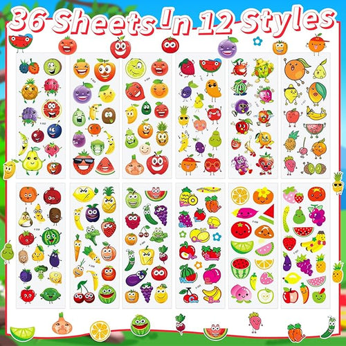 36 Sheets 3D Fruit Stickers for Kids (900+), Bulk Puffy Stickers with Funny Faces for Classroom, Crafts, Party Favors - Apple, Banana, Strawberry