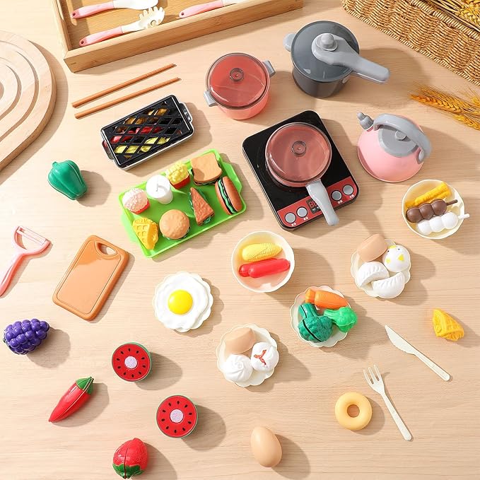 UPKOCH 86-Piece Interactive Kids Kitchen Playset with Electric Stove & Pressure Cooker - Pretend Play Cooking Toys for Toddlers, Cutting Vegetables & BBQ Grill Roleplay (Pink)