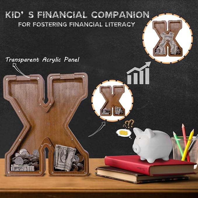 Wooden Letter Piggy Bank for Kids Larger Letter Piggy Bank for Boys and Girls Personalized Piggy Bank Initial Coin Bank Wood Kids Money Bank for Birthday and Festival